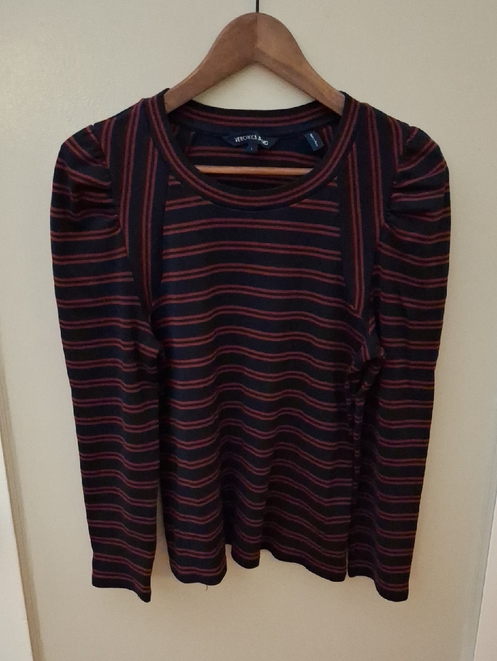 Veronica Beard Delano Navy & Burgundy Striped Puff Shoulder Top_1